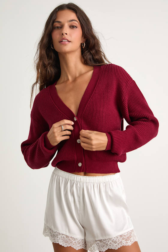 Toasty Babe Wine Red Knit Button-Up Cropped Cardigan