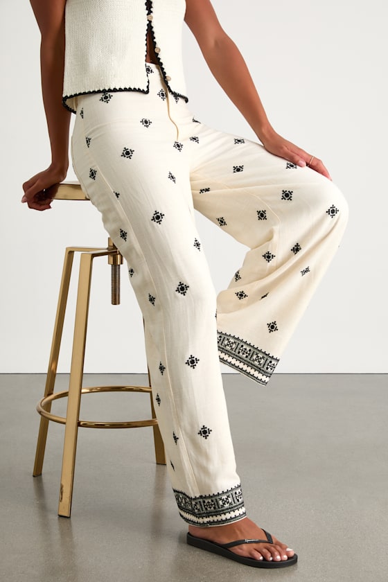 Elwen Cream and Black Linen Embroidered High-Rise Pants