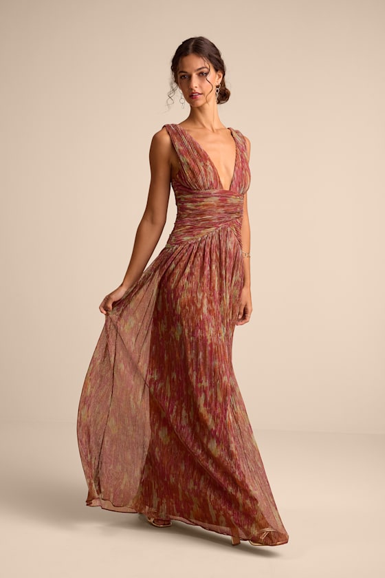 Evaluna Rust Abstract Plisse Sleeveless Maxi Dress