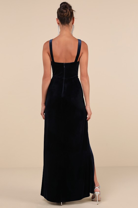 Elegant Sweetie Dark Navy Velvet Square Neck Maxi Dress