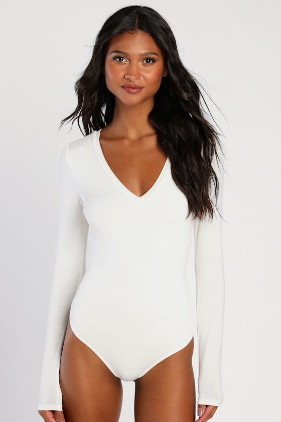 Clean Look White V-Neck Long Sleeve Bodysuit