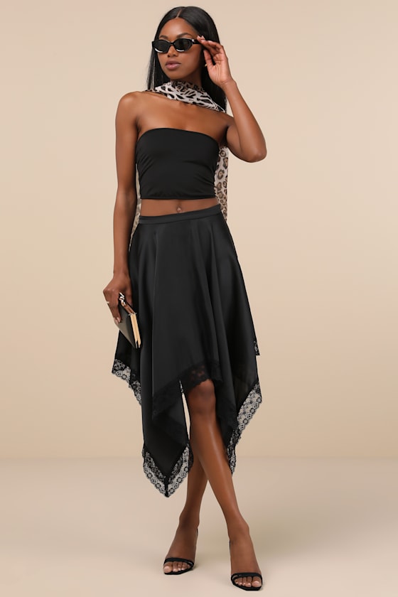 Indescribable Allure Black Satin Handkerchief Midi Skirt