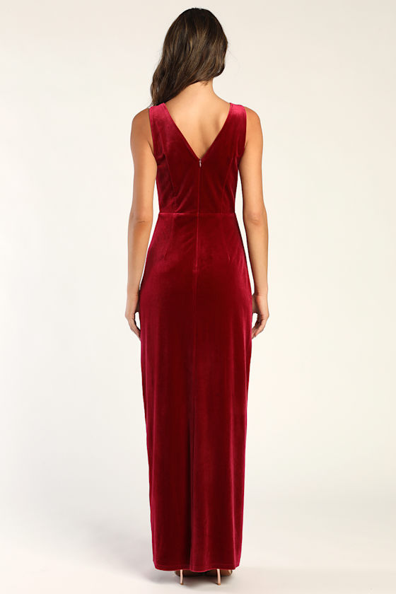 Beautiful Evenings Wine Red Velvet Twist-Front Maxi Dress