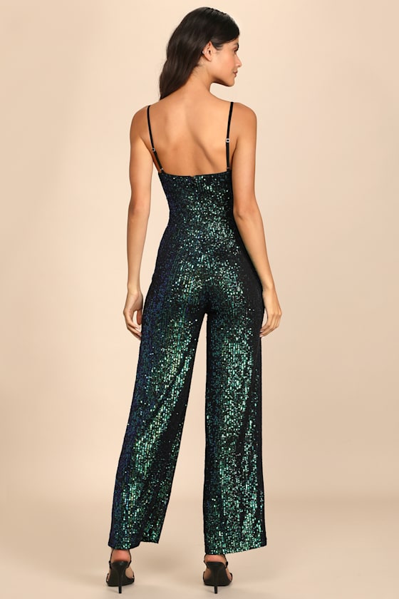 Dancing to the Music Green Iridescent Sequin Wide-Leg Jumpsuit