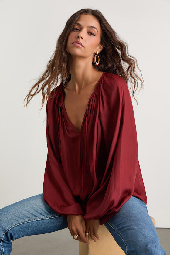 Hestia Wine Red Gathered Balloon Sleeve Top