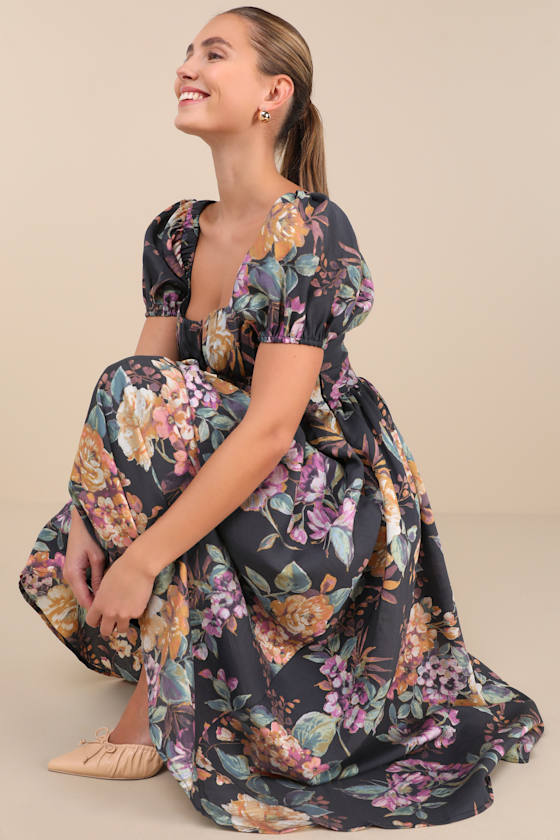 Adorable Tendencies Dark Grey Floral Puff Sleeve Midi Dress