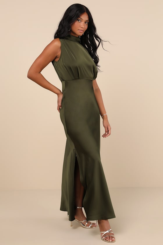 Classic Elegance Olive Satin Sleeveless Mock Neck Maxi Dress