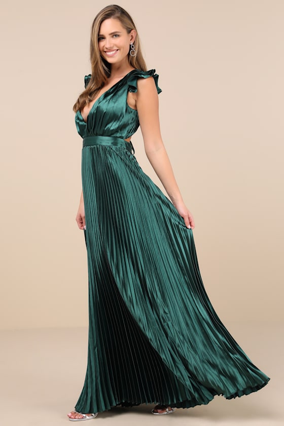 Exceptional Drama Emerald Satin Lace-Up Pleated Maxi Dress