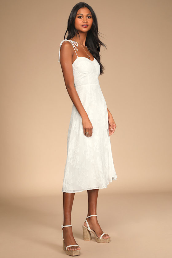 Loveliest Looks White Floral Jacquard Tie-Strap Midi Dress