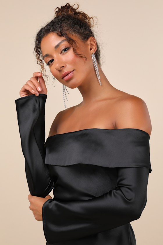Luxurious Vision Black Satin Off-the-Shoulder Mini Dress