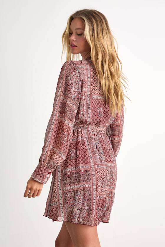 Breezy Wanderings Rust Red Boho Print Long Sleeve Mini Dress