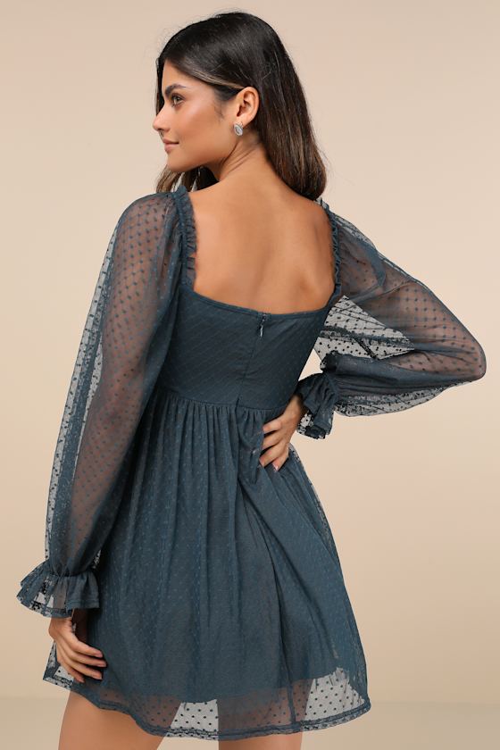 Dreamy Sweetness Dark Teal Swiss Dot Ruffled Mini Babydoll Dress