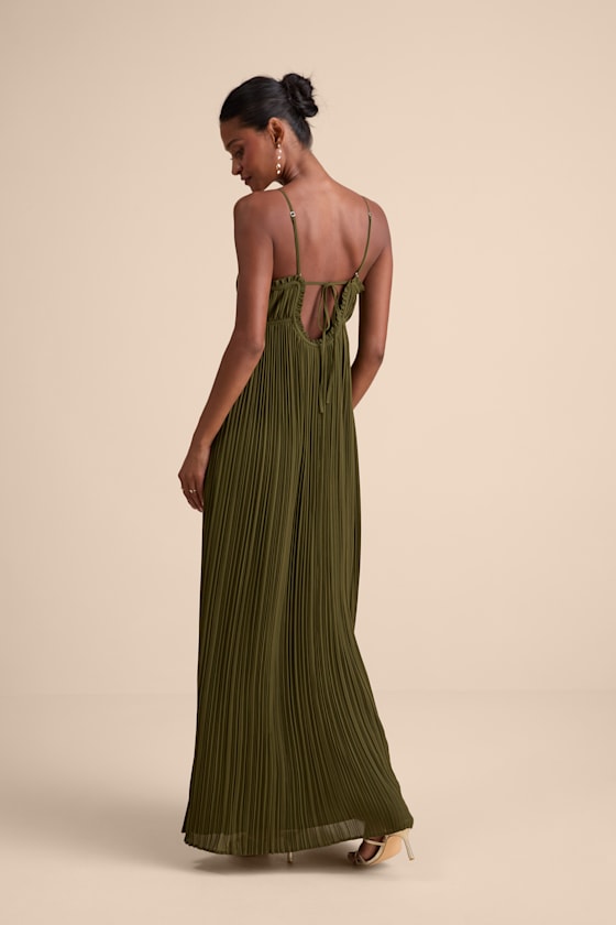 Delina Olive Plisse Chiffon Tie-Back Maxi Dress