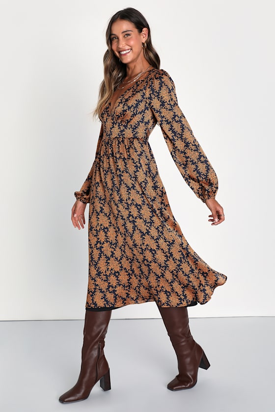 Graceful Impression Black and Orange Floral Print Midi Dress