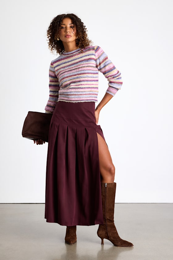 Vessa Burgundy High-Rise Pleated Maxi Skirt