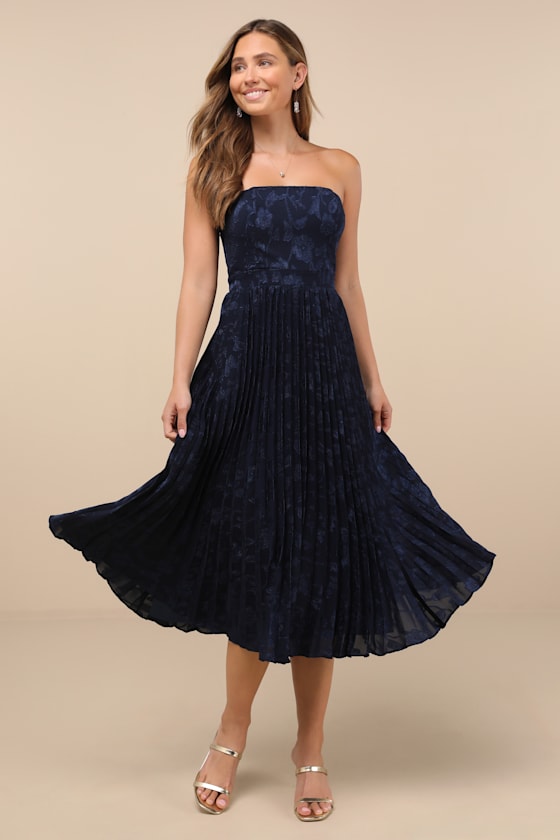 Perfectly Stunning Navy Jacquard Strapless Midi Dress