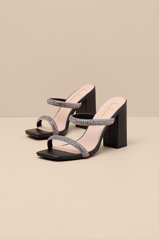 Cosmia Black Rhinestone High Heel Slide Sandals