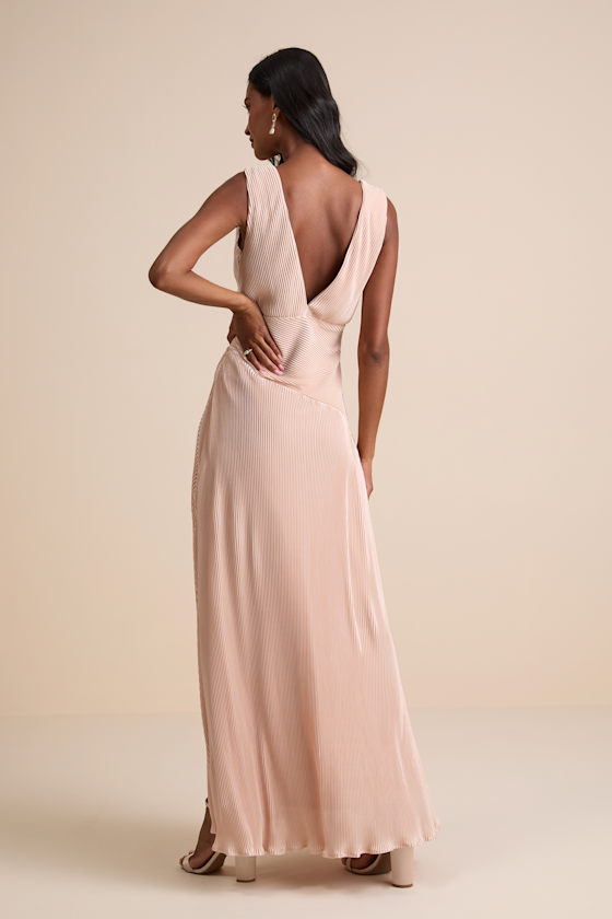 Renee Blush Satin Plisse V-Neck Maxi Dress