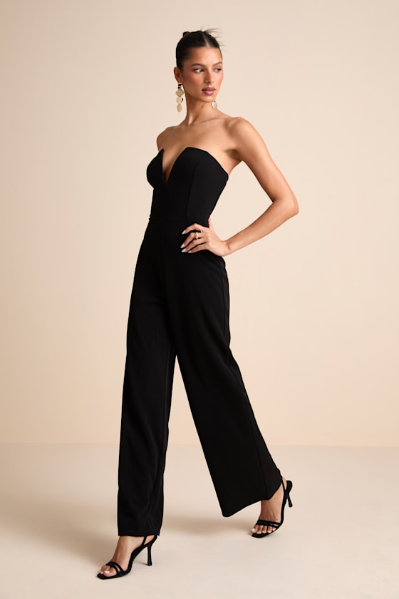 Cris Black Plunge Strapless Straight Leg Jumpsuit
