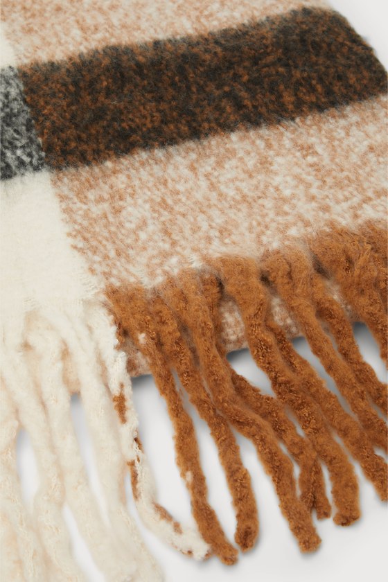 Cozy Addition Brown Multi Marled Plaid Fringe Oversized Scarf