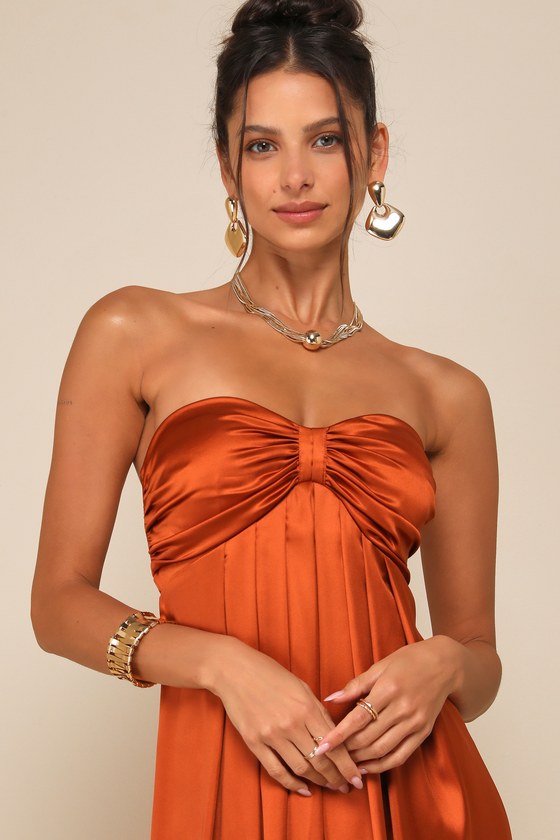 Memorable Entrance Rust Orange Strapless Satin Maxi Dress