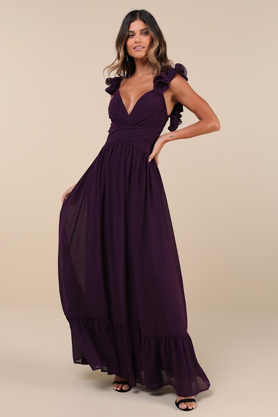 Soiree Celebration Purple Ruffled Lace-Up Maxi Dress