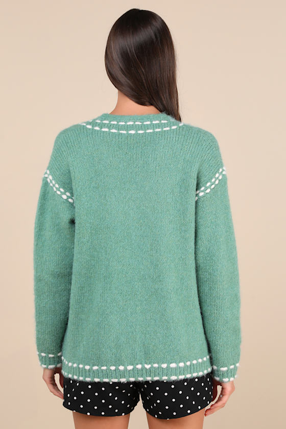 Cuddly Effect Green Contrast Stitched Cardigan Sweater