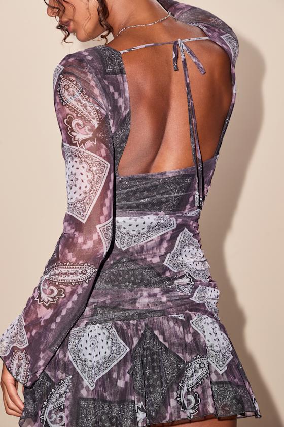 Naylah Purple and Black Boho Print Mesh Long Sleeve Mini Dress