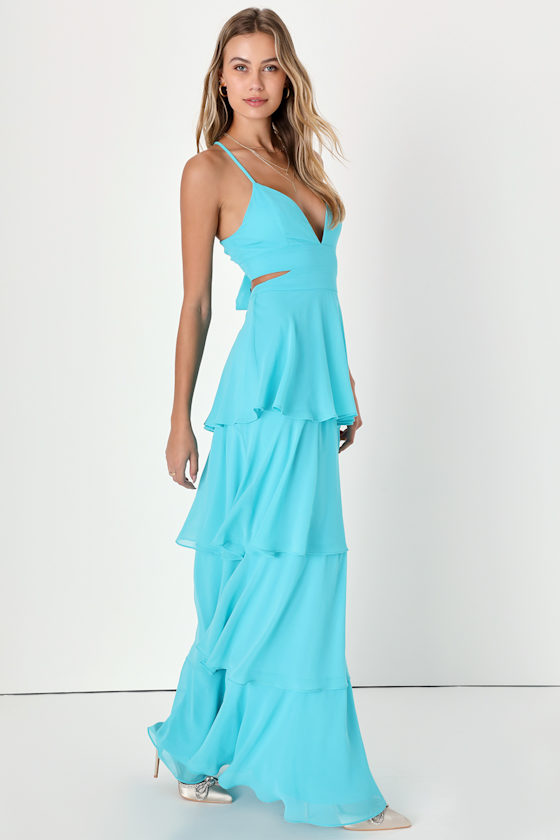 Tier and Now Blue Tie-Back Tiered Maxi Dress