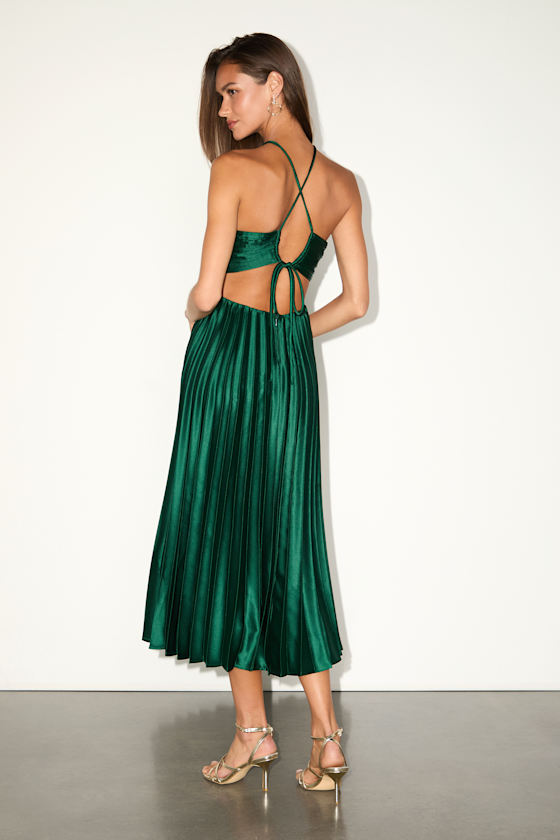 Aerin Emerald Satin Pleated Cutout Midi Dress