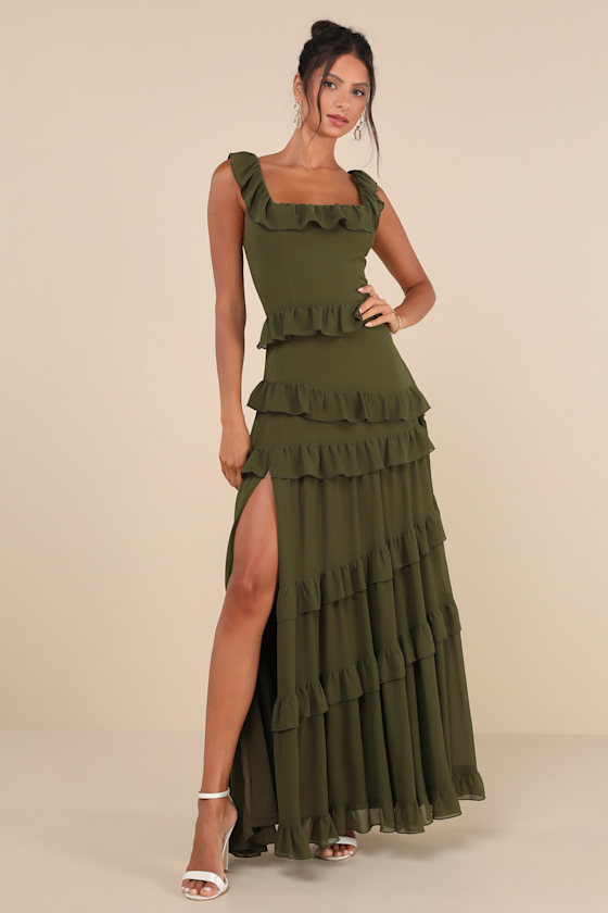 Compelling Romantic Olive Green Ruffled Tiered Maxi Dress