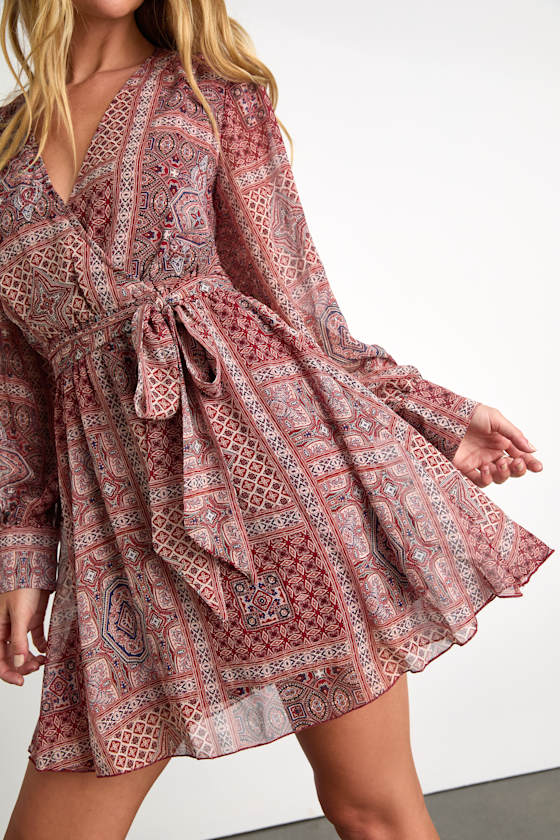 Breezy Wanderings Rust Red Boho Print Long Sleeve Mini Dress