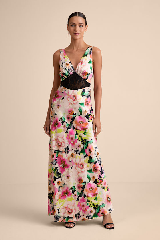 Solaina Pink and Black Multi Floral Satin Lace Maxi Dress