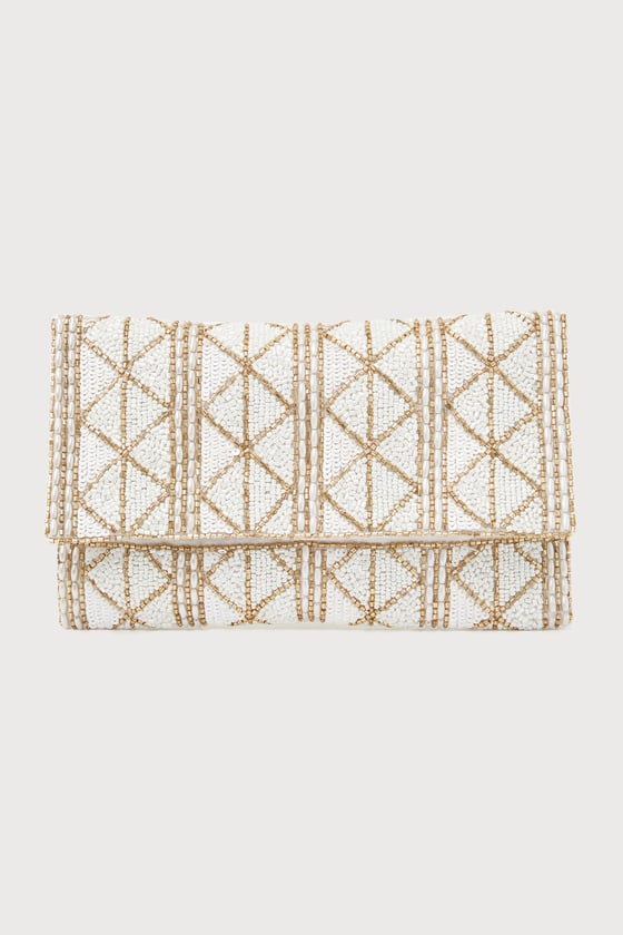 Glowing Perception Ivory and Gold Geometric Beaded Sequin Clutch