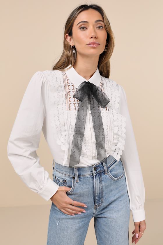 Outstanding Charisma White Crochet Lace Tie-Neck Button-Up Top
