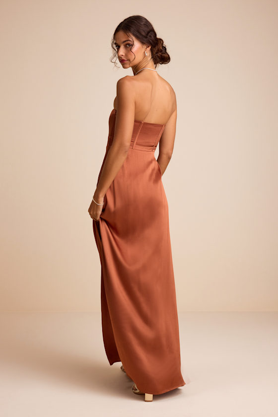 Extraordinary Presence Rust Brown Satin Strapless Maxi Dress
