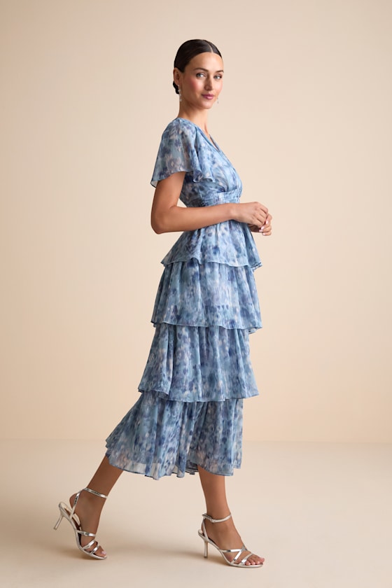 Nalia Blue Abstract Print Tiered Tie-Back Midi Dress