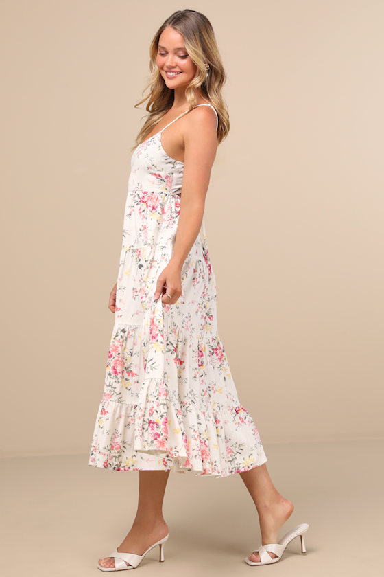 Mykonos Mood Pink and Ivory Floral Tie-Strap Tiered Midi Dress