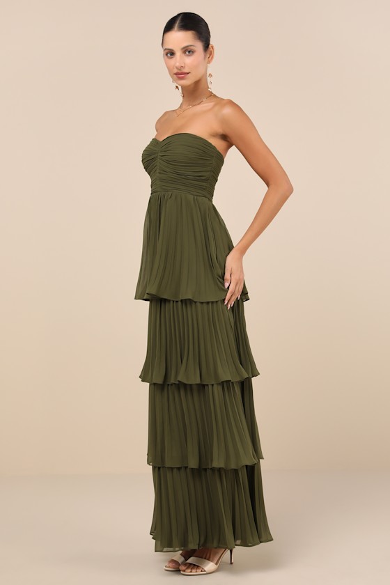 Seriously Sensational Olive Green Strapless Tiered Maxi Dress