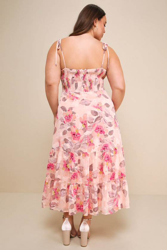 Tea Party Chic Pink Floral Print Tie-Strap Tiered Midi Dress