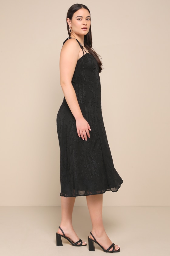 Loveliest Looks Black Floral Jacquard Tie-Strap Midi Dress