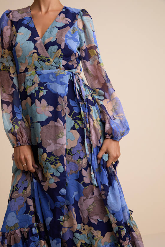 Feeling Sweet Navy Floral Print Long Sleeve Wrap Maxi Dress