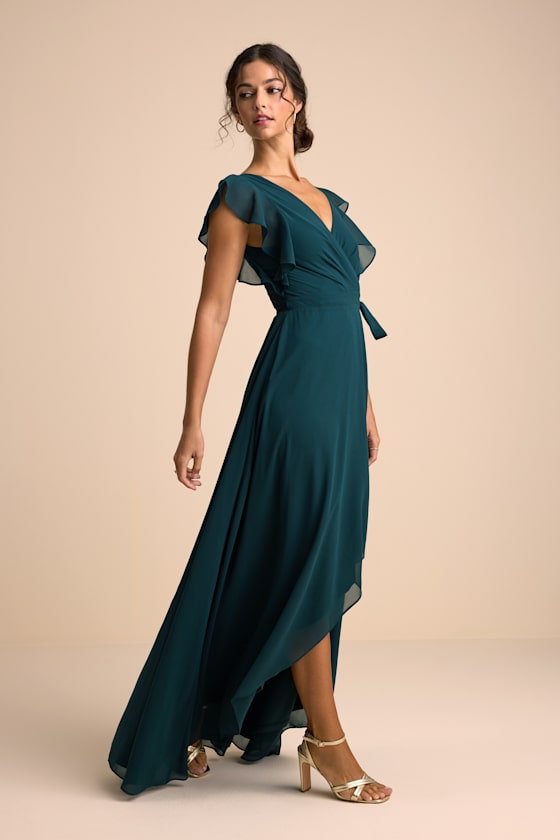 Ravishing Charm Emerald Ruffled Wrap High-Low Maxi Dress