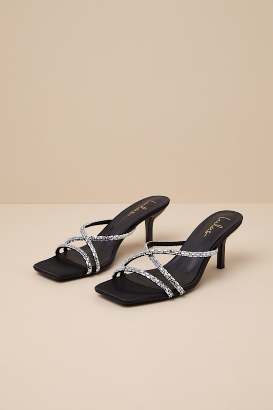 Birdine Black Satin Rhinestone High Heel Sandals