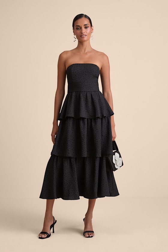 Truly Marvelous Black Jacquard Strapless Tiered Midi Dress