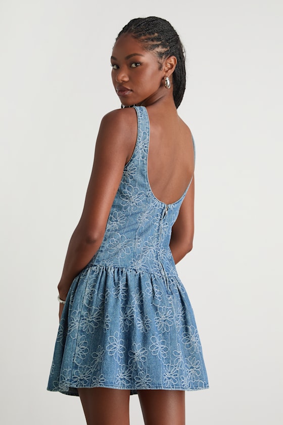 Kodi Medium Wash Floral Denim Drop Waist Mini Dress