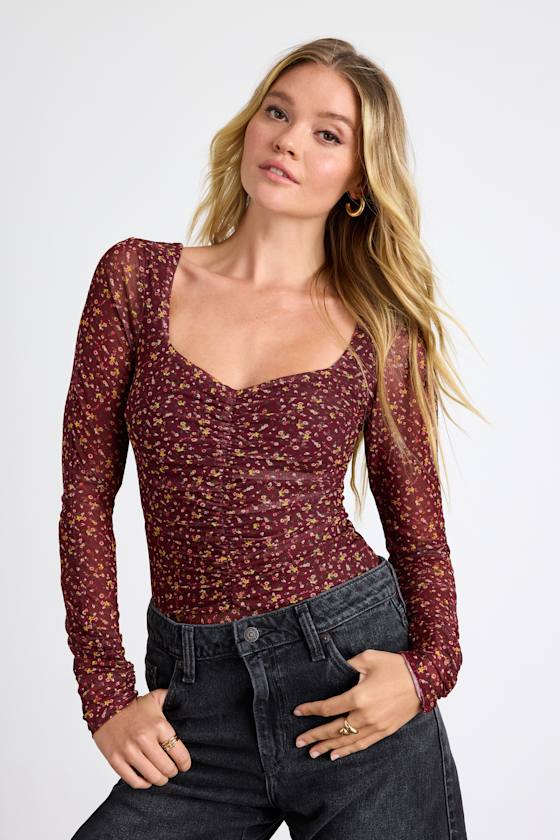 Adoring Desire Burgundy Floral Print Mesh Ruched Bodysuit
