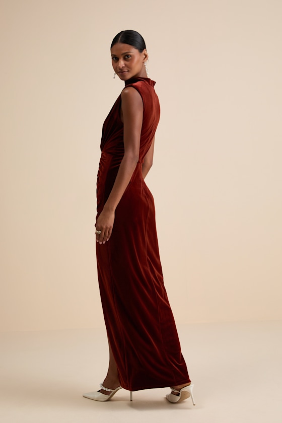 Alluring Image Rust Red Ruched Velvet Mock Neck Maxi Dress