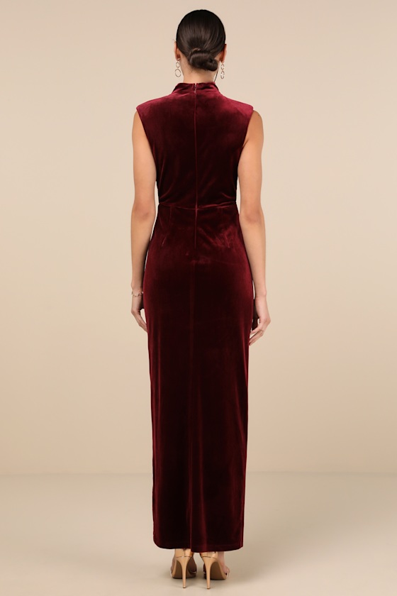 Alluring Image Burgundy Ruched Velvet Mock Neck Maxi Dress