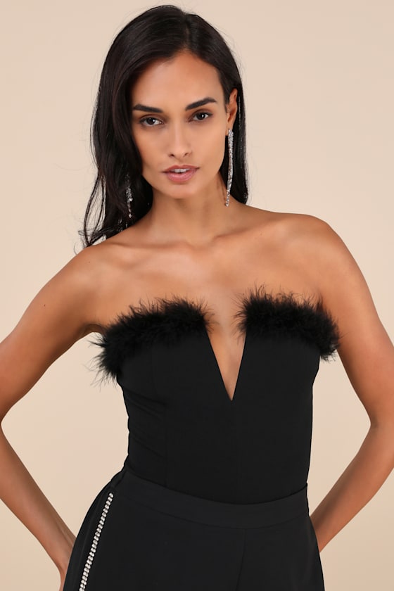 Desirable Aesthetic Black Feather Strapless Bodysuit